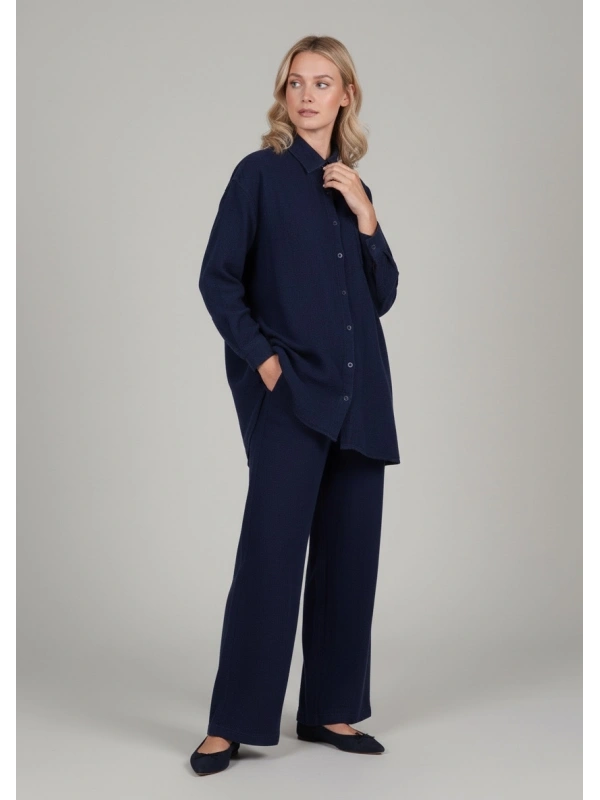 İNVEE Kadın Kot Keten İkili Takım Kadın | Rahat Kalıp Lacivert Gömlek Pantolon Takım