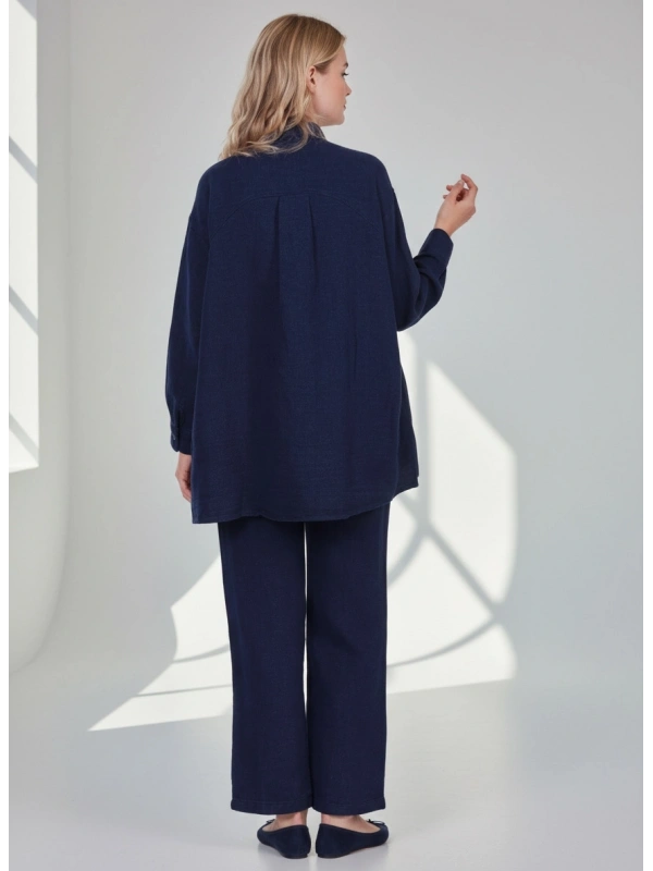 İNVEE Kadın Kot Keten İkili Takım Kadın | Rahat Kalıp Lacivert Gömlek Pantolon Takım