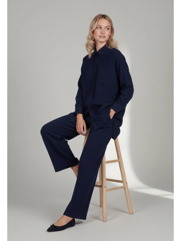 İNVEE Kadın Kot Keten İkili Takım Kadın | Rahat Kalıp Lacivert Gömlek Pantolon Takım