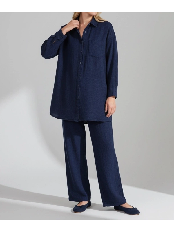İNVEE Kadın Kot Keten İkili Takım Kadın | Rahat Kalıp Lacivert Gömlek Pantolon Takım