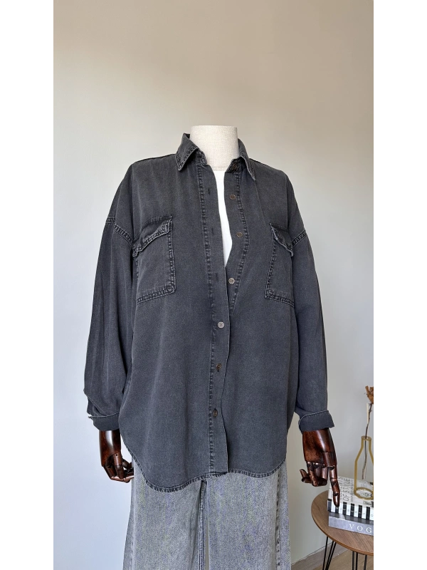 Siyah Cepli Denim Gömlek