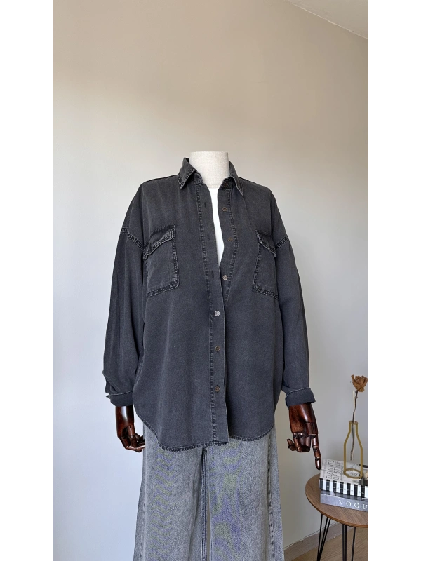 Siyah Cepli Denim Gömlek