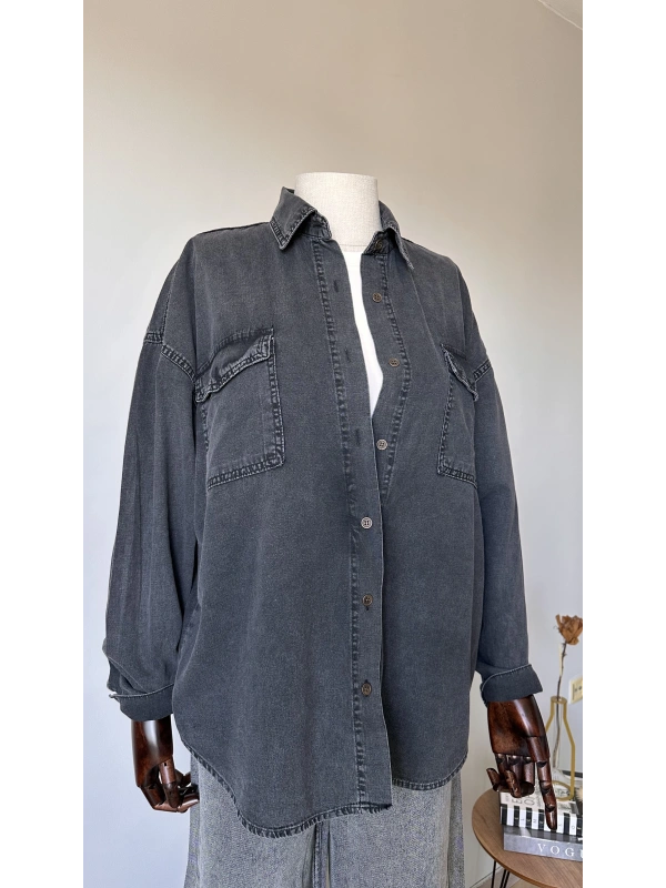 Siyah Cepli Denim Gömlek