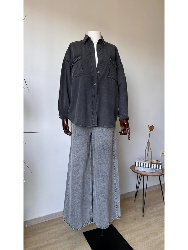Siyah Cepli Denim Gömlek