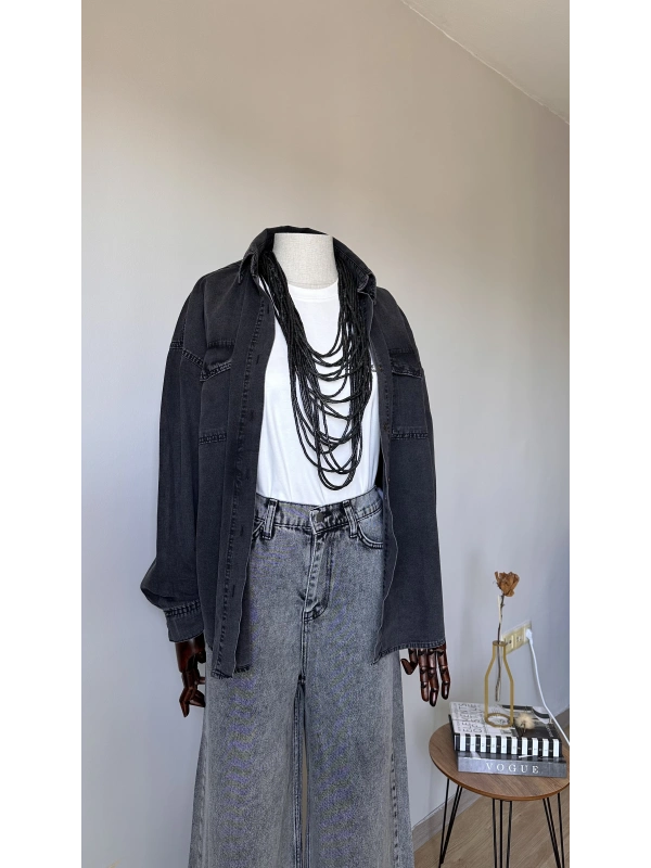 Siyah Cepli Denim Gömlek