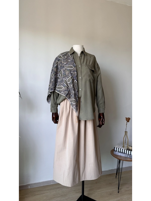 Cepli Kadın Tencel Gömlek - Haki