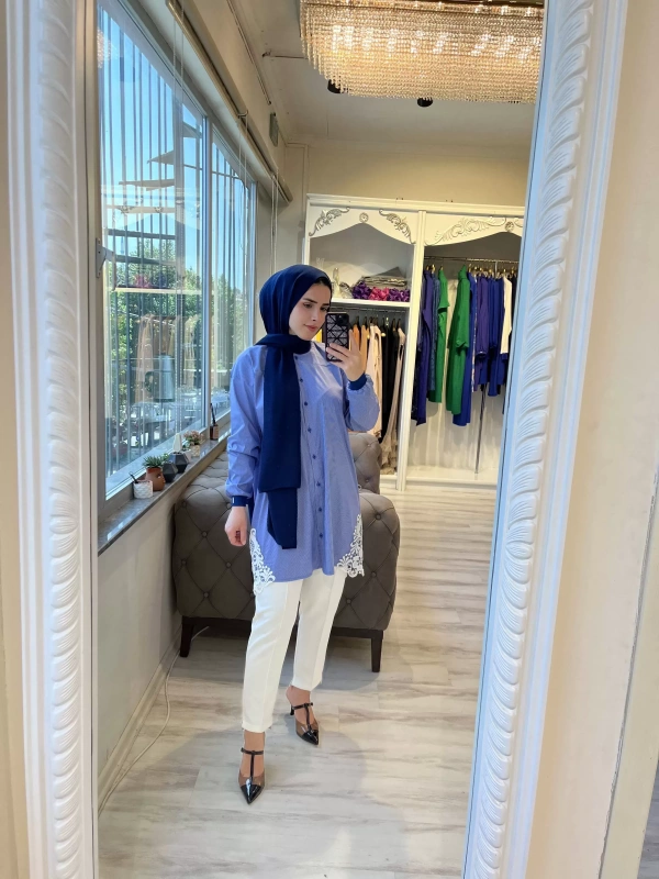 INVEE 6978 Brode Detaylı Mavi Gömlek