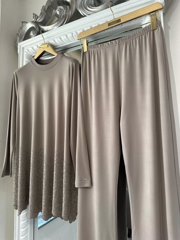 İNVEE Taş Baskılı Modal Takım - Bej