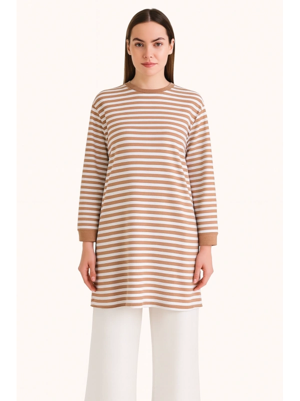 Çizgili Tunik - Camel