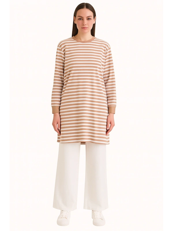 Çizgili Tunik - Camel