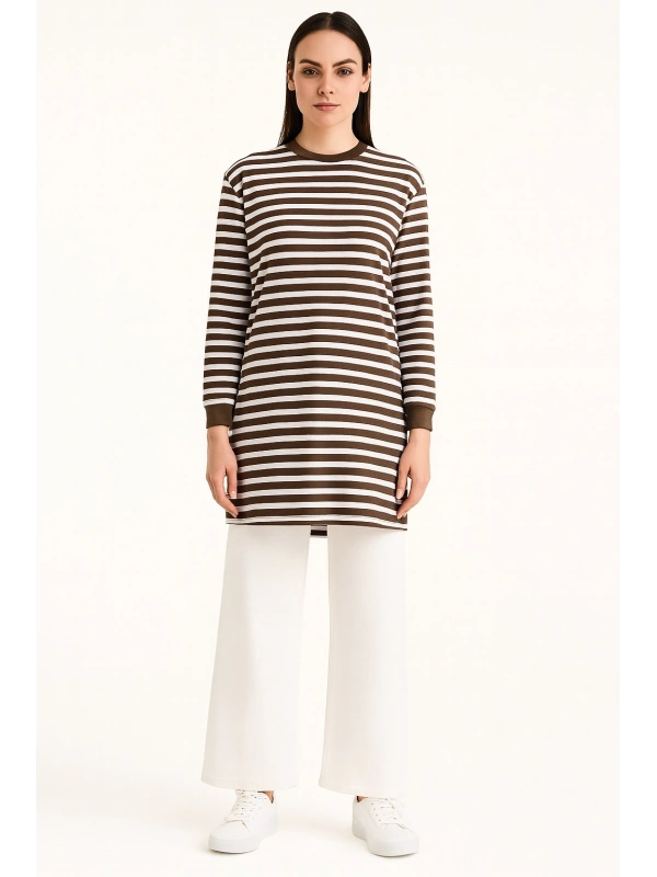 Çizgili Tunik - Kahverengi