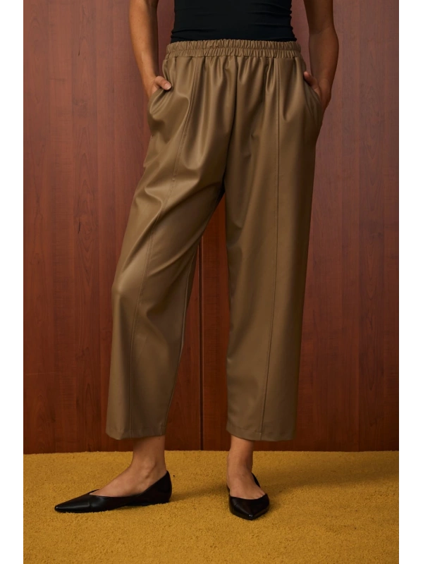 Merwish Deri Pantolon-Taba