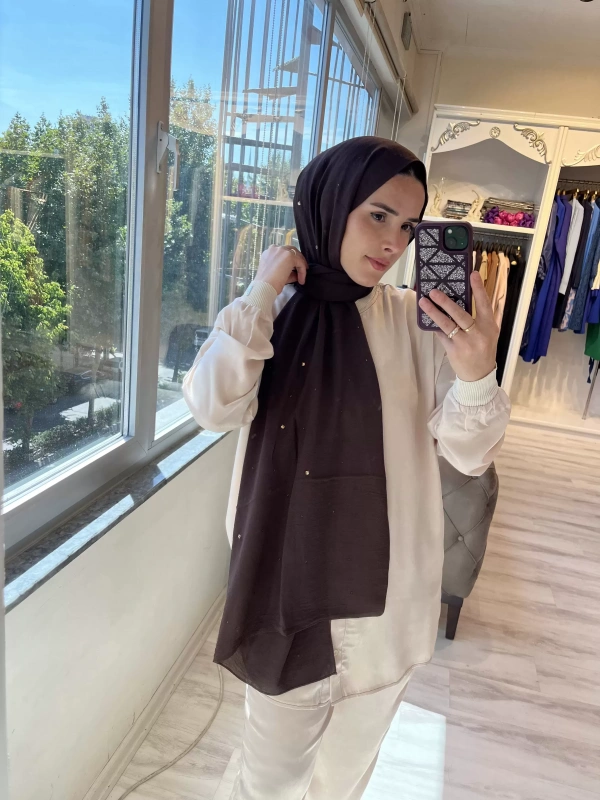 INVEE 1266 Taşlı Caz Kahve Şal