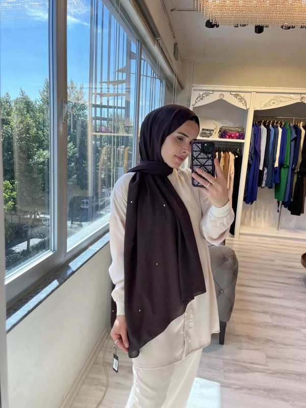 INVEE 1266 Taşlı Caz Kahve Şal