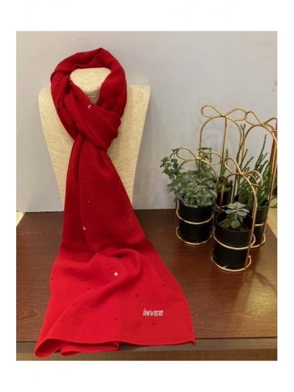 INVEE 1266 Taşlı Caz Kırmızı Şal