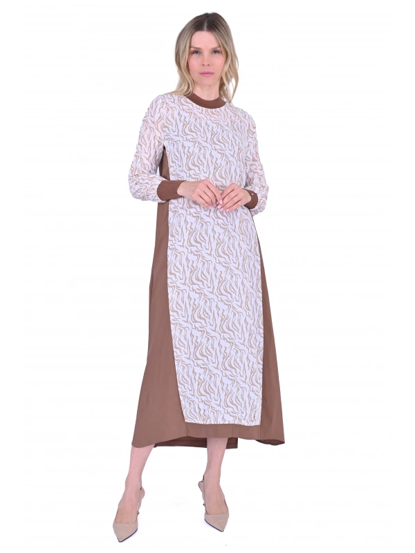 İNVEE 5764 Desenli Elbise - Kahverengi