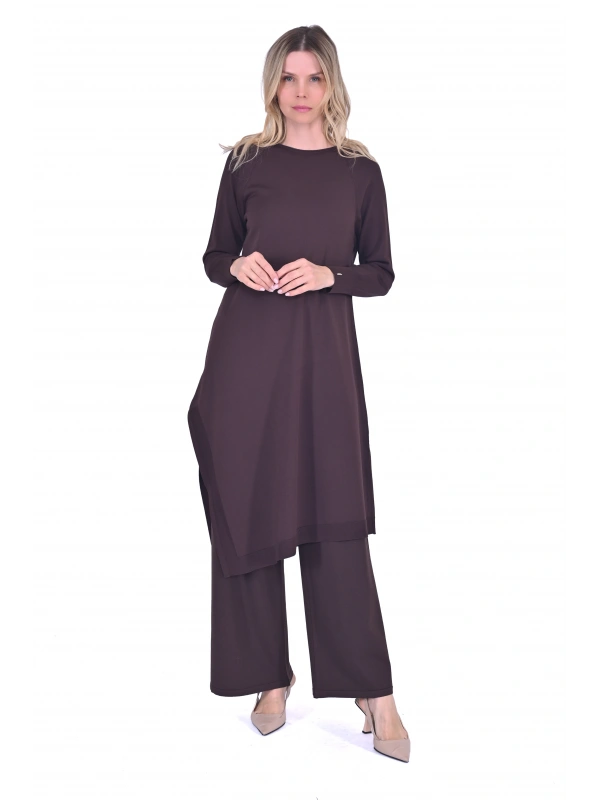 İNVEE 6001 Yanı Yırtmaçlı Kahve Tunik