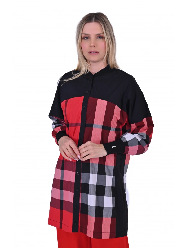 İNVEE 6121 Desenli Viskon Gömlek - Kırmızı