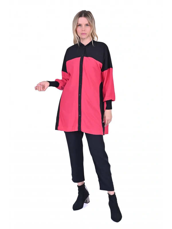 İNVEE 6121 Desenli Viskon Gömlek - Siyah-Fuşya