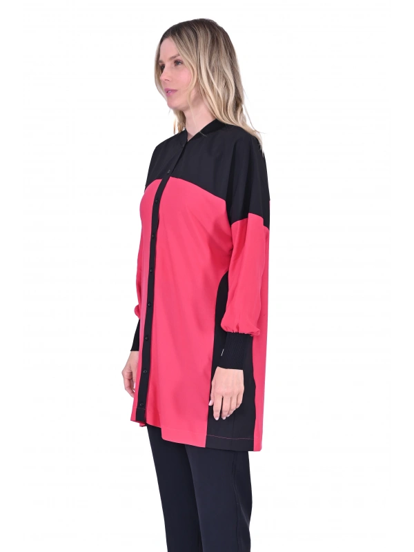 İNVEE 6121 Desenli Viskon Gömlek - Siyah-Fuşya