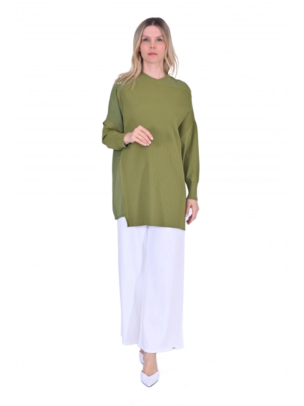 İNVEE Omzu Şifon Detaylı Tunik - Yağ Yeşili