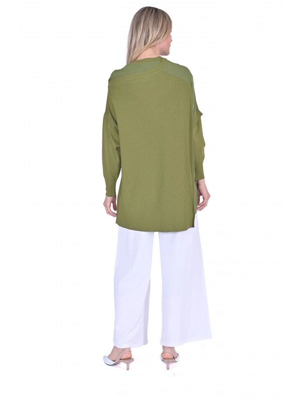 İNVEE Omzu Şifon Detaylı Tunik - Yağ Yeşili