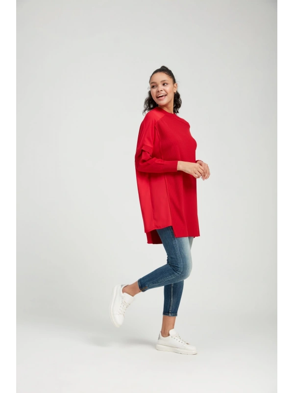 İNVEE Omzu Şifon Detaylı Triko Tunik - Kırmızı