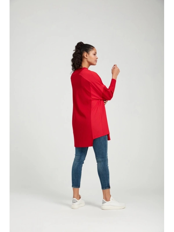 İNVEE Omzu Şifon Detaylı Triko Tunik - Kırmızı