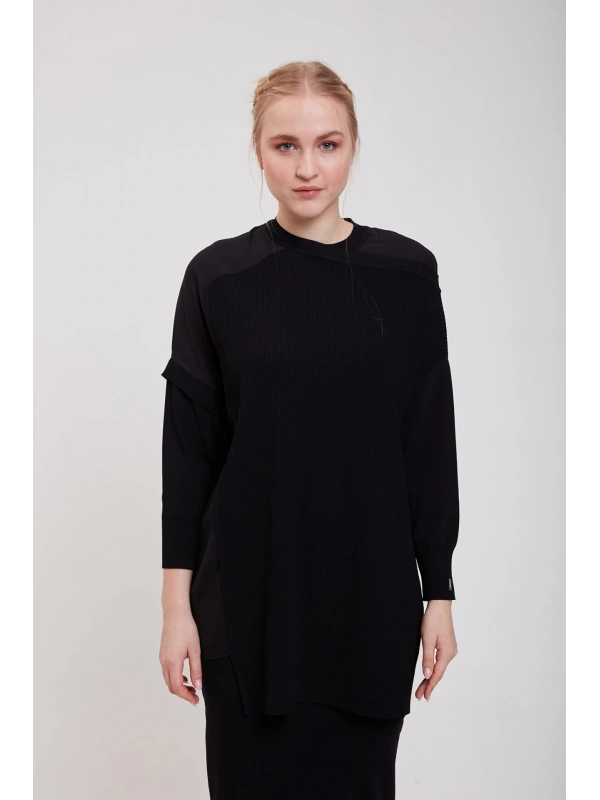 İNVEE Omzu Şifon Detaylı Tunik - Siyah