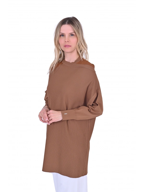 İNVEE Omzu Şifon Detaylı Tunik - Toprak