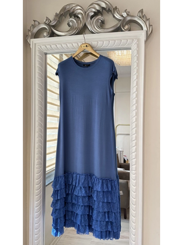 İNVEE 6308 Eteği Fırfır Detaylı İç Elbise - İndigo