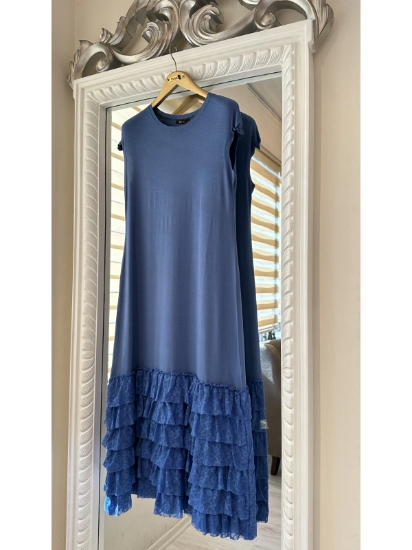 İNVEE 6308 Eteği Fırfır Detaylı İç Elbise - İndigo