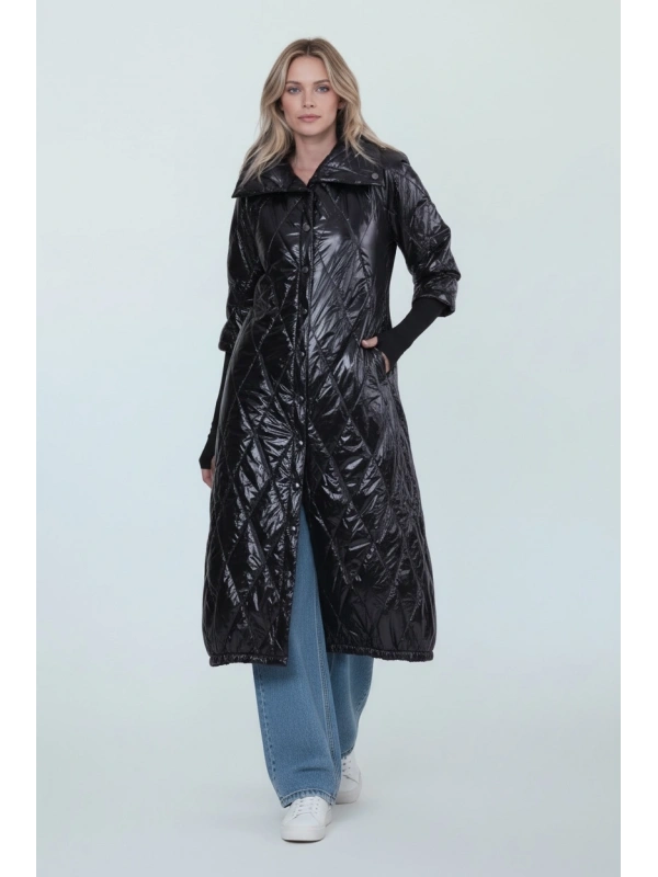 İNVEE 6378 Parlak Siyah Kapitone Mont