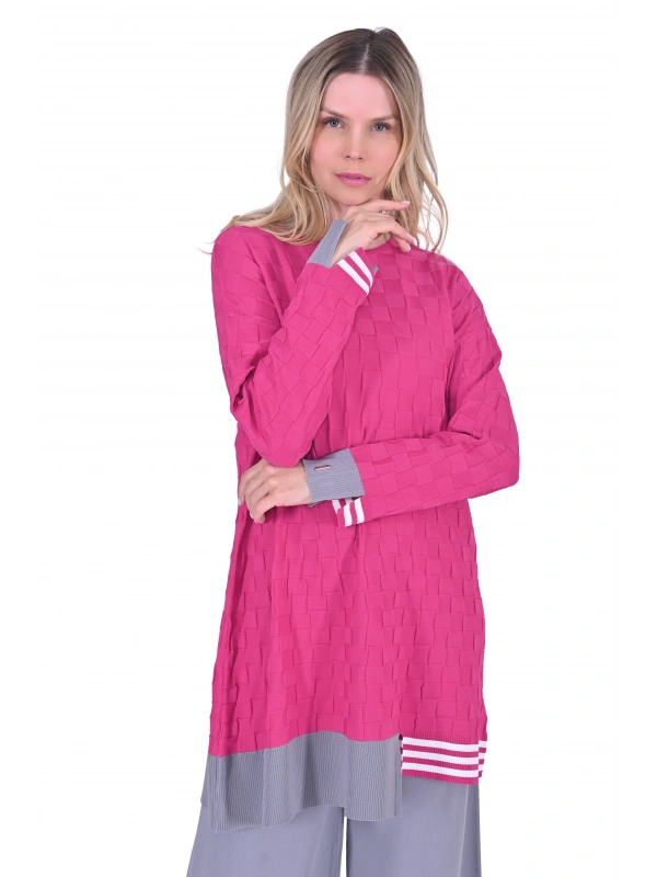 İNVEE 6401 Kesme Şeker Desen Triko Tunik - Fuşya