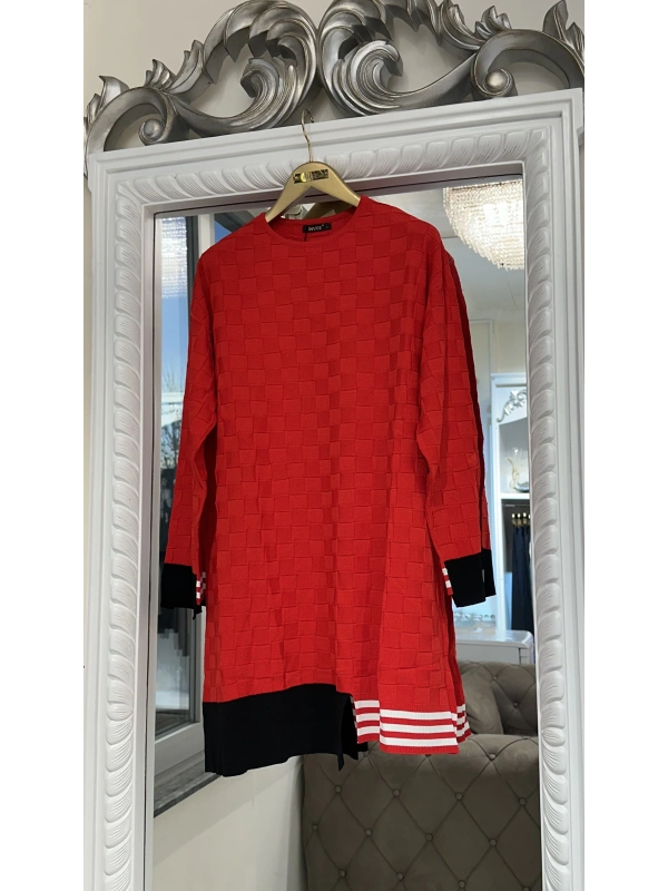 İNVEE 6401 Kesme Şeker Desen Triko Tunik - Kırmızı
