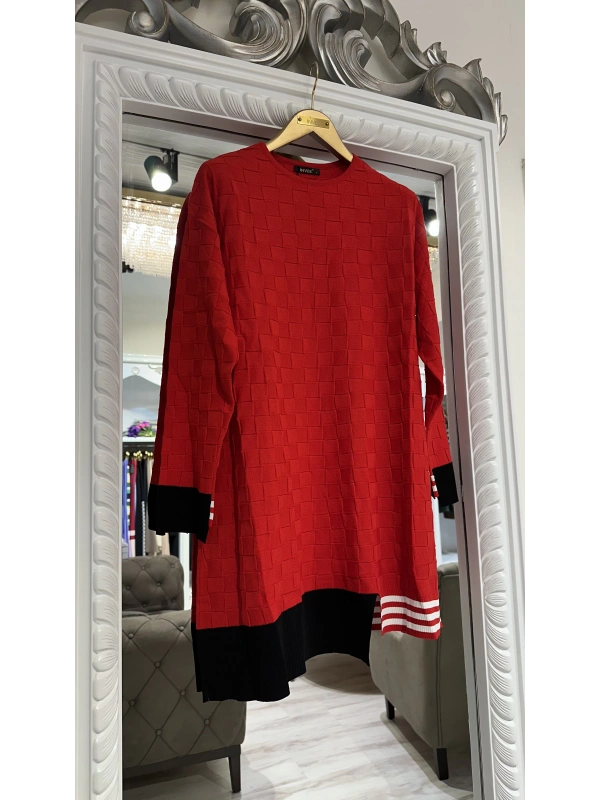 İNVEE 6401 Kesme Şeker Desen Triko Tunik - Kırmızı