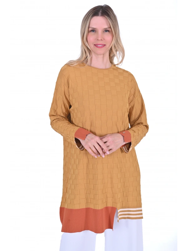 İNVEE 6401 Kesme Şeker Desen Triko Tunik - Hardal