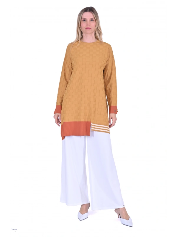 İNVEE 6401 Kesme Şeker Desen Triko Tunik - Hardal
