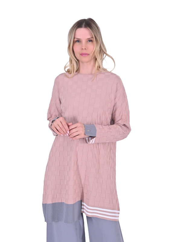 İNVEE 6401 Kesme Şeker Desen Triko Tunik - Somon