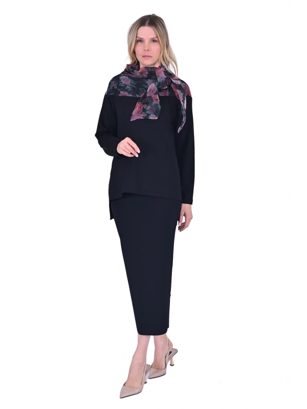 İNVEE 6604 Gül Desen Organze Yakalı Triko Tunik