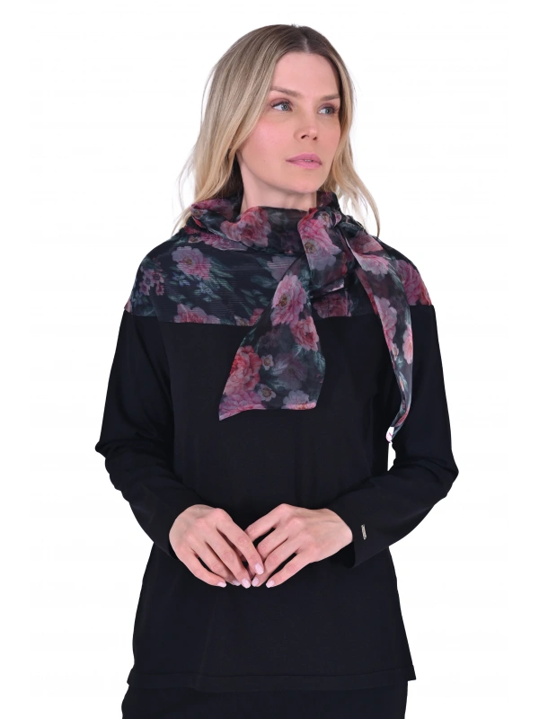 İNVEE 6604 Gül Desen Organze Yakalı Triko Tunik