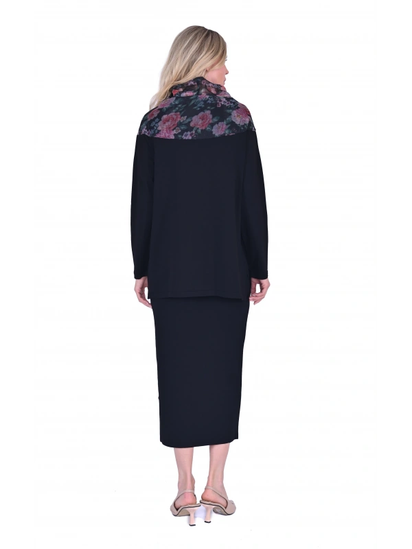 İNVEE 6604 Gül Desen Organze Yakalı Triko Tunik