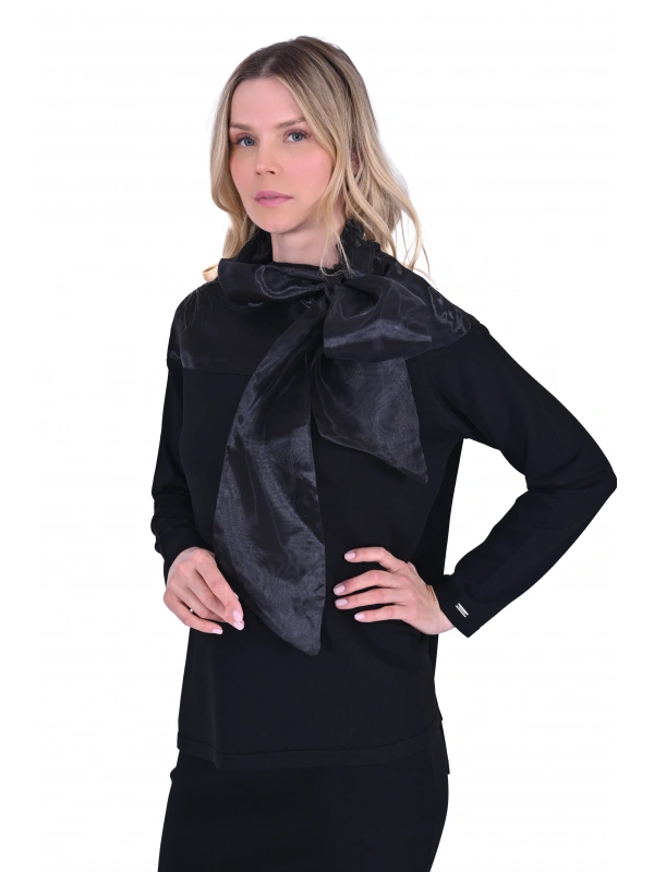 İNVEE 6604 Siyah Organze Yakalı Triko Tunik