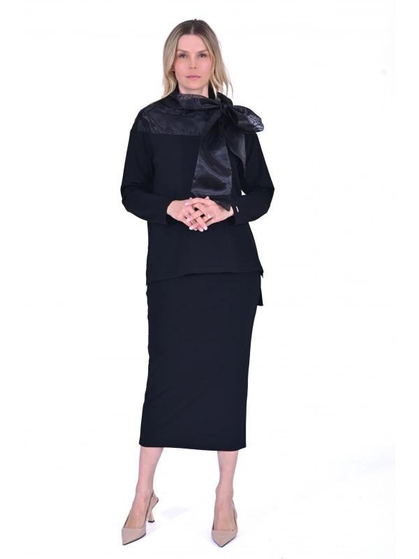 İNVEE 6604 Siyah Organze Yakalı Triko Tunik