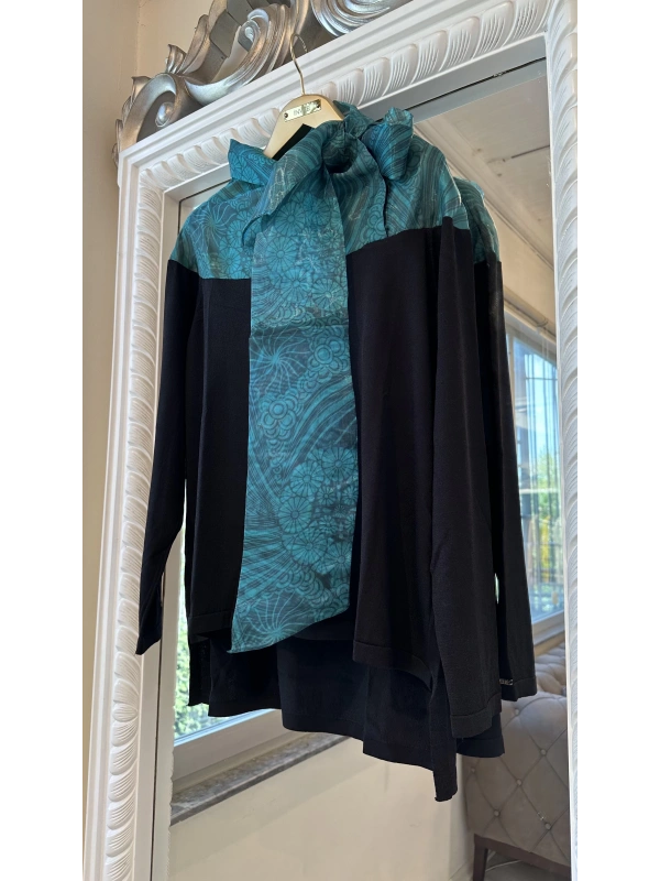 İNVEE 6604 Yeşil Organze Yakalı Triko Tunik