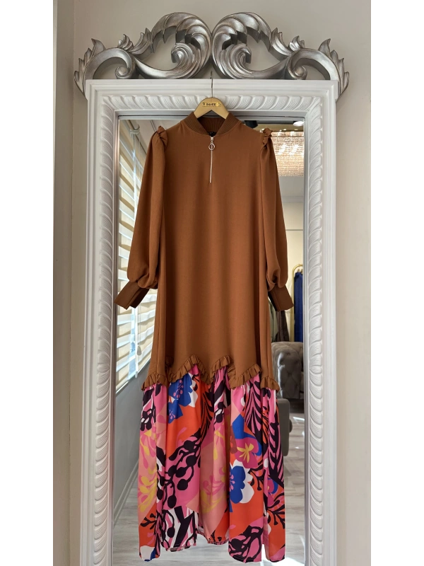 İNVEE Eteği Desenli Kahverengi Elbise