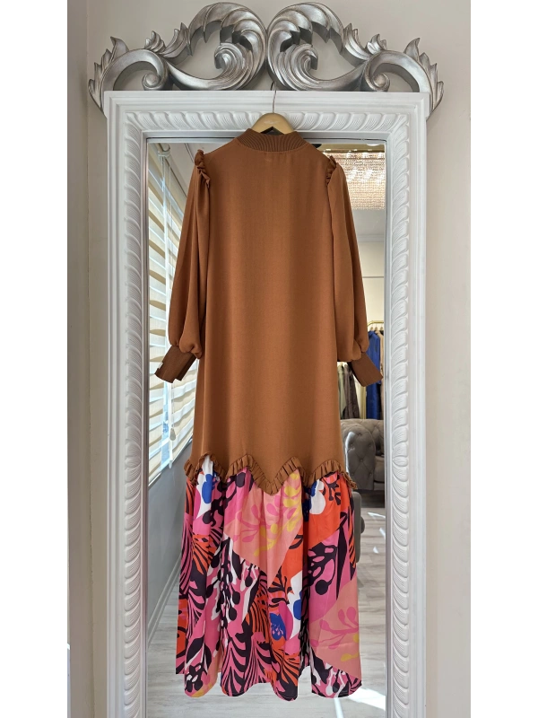 İNVEE Eteği Desenli Kahverengi Elbise