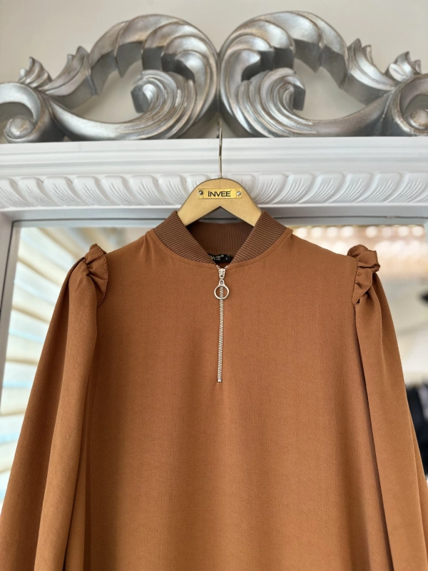 İNVEE Eteği Desenli Kahverengi Elbise