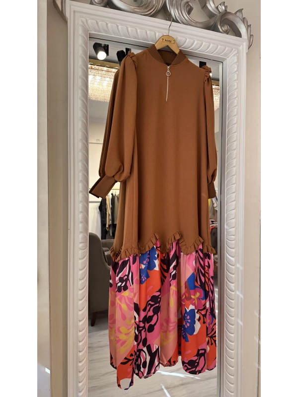 İNVEE Eteği Desenli Kahverengi Elbise