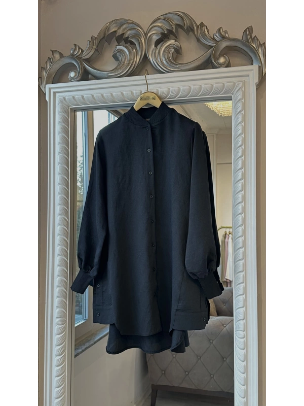 İNVEE Düğme Detaylı Geniş Gömlek - Siyah